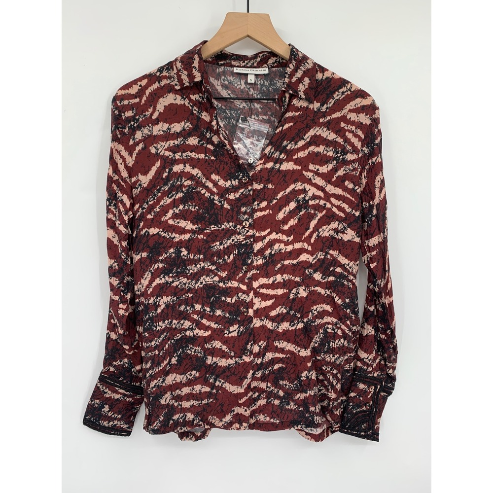 Karina Grimaldi Blouse Women Small Red Silk Blend Animal Print Embroidered Cuff